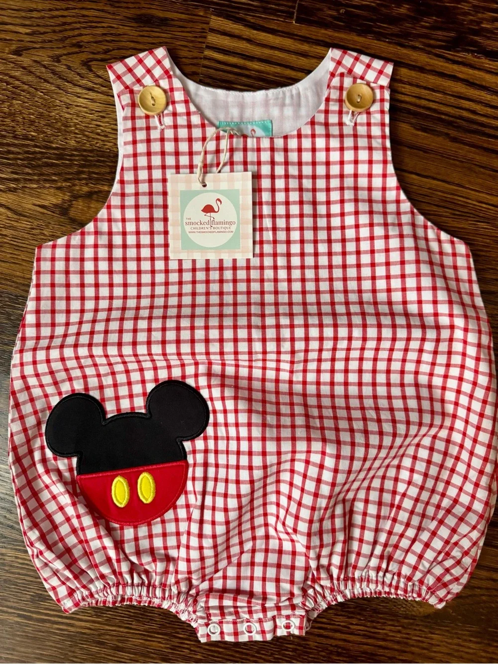 Smocked Flamingo Red Gingham Diaper Cover with Mickey Patch